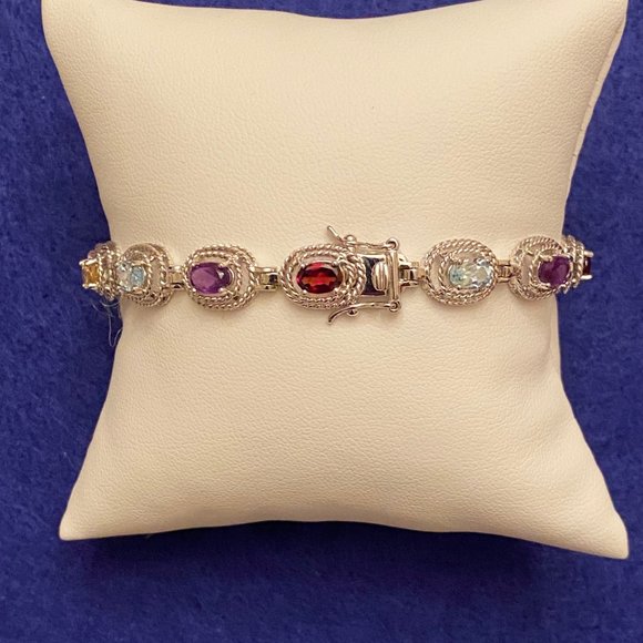 Colorful Multi-Gem & Sterling Silver Bracelet, 7" - Picture 3 of 13